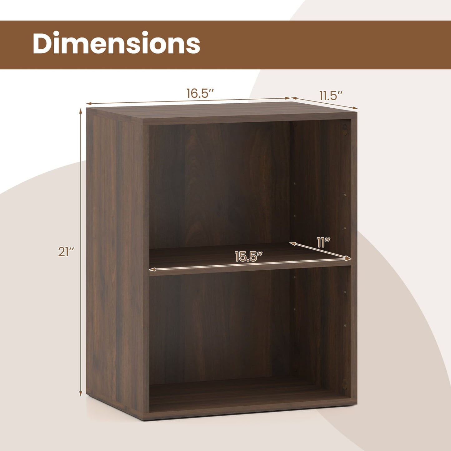 2-Cube Bookcase, 5-Position Adjustable Shelf, Dark Walnut