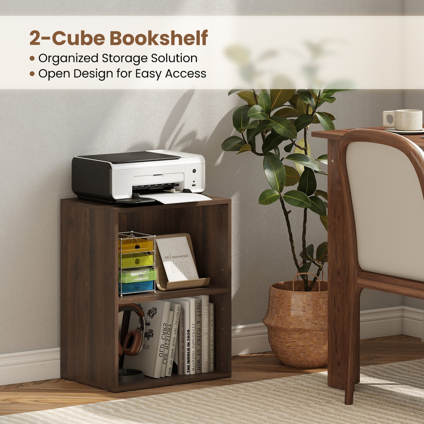 2-Cube Bookcase, 5-Position Adjustable Shelf, Dark Walnut
