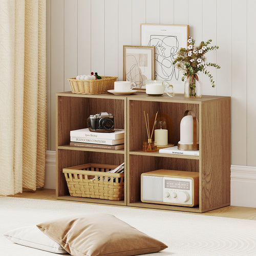 2-Cube Bookcase Set of 2 Floor Standing Open Bookshelf w/ 5-Position Adjustable Shelf, Natural