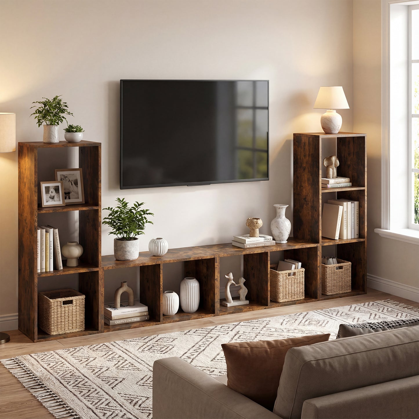 2 Cube Bookshelf with Back Guardrail for Living Room Bedroom, Rustic Brown Bookcases at Gallery Canada