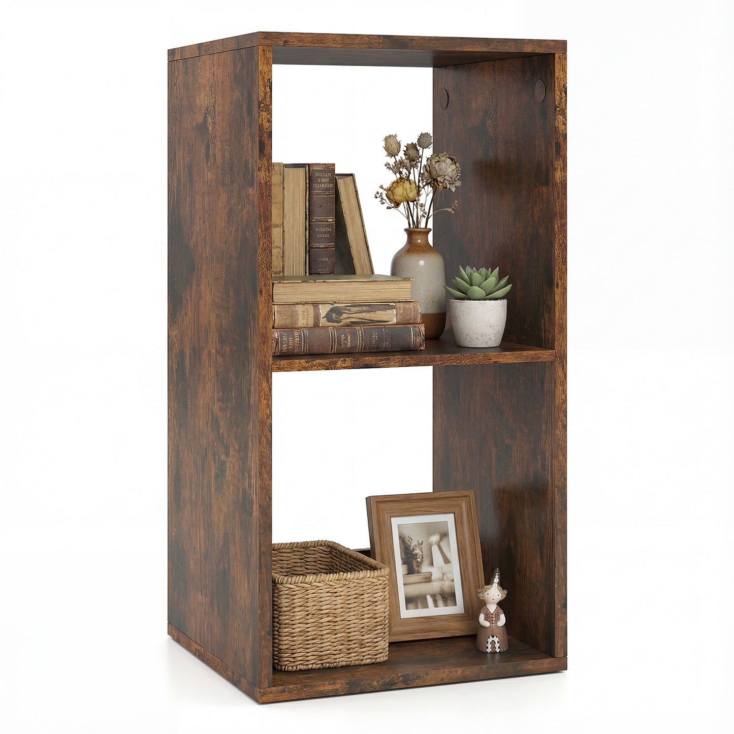 2 Cube Bookshelf with Back Guardrail for Living Room Bedroom, Rustic Brown Bookcases at Gallery Canada