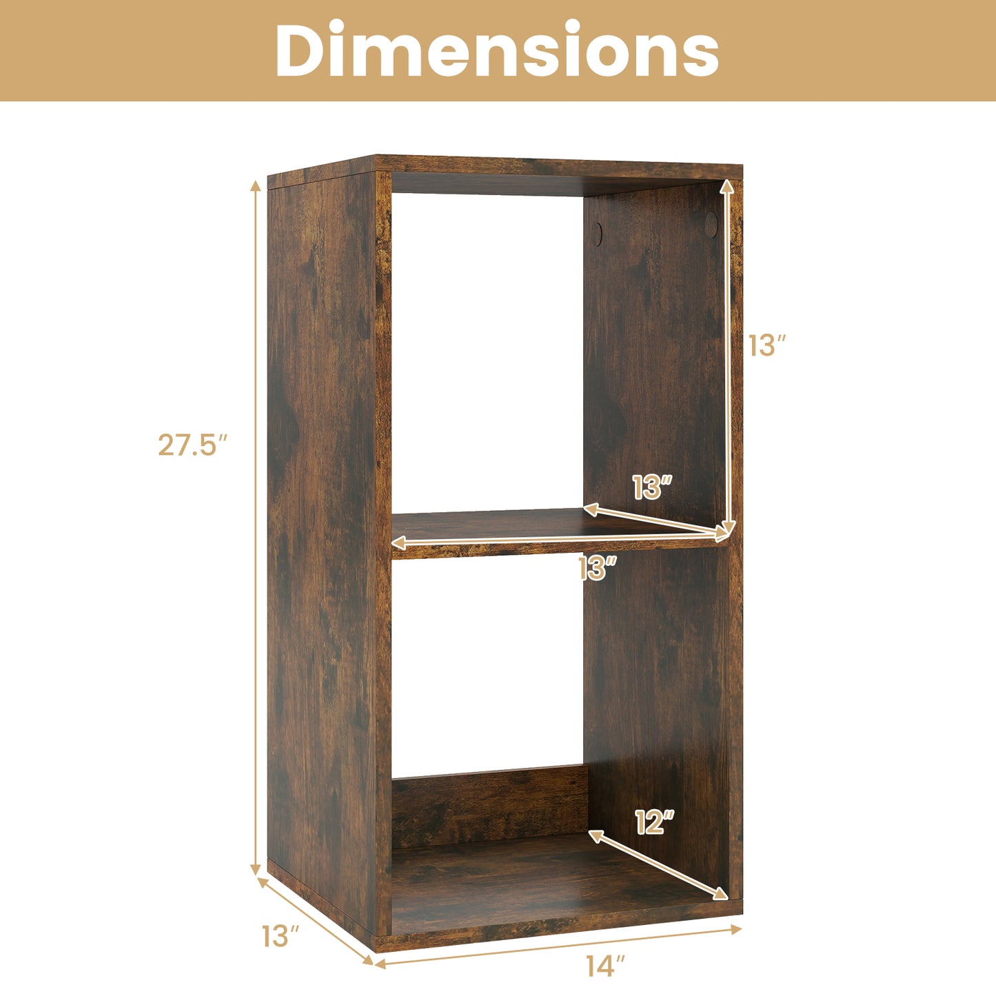 2 Cube Bookshelf with Back Guardrail for Living Room Bedroom, Rustic Brown Bookcases at Gallery Canada