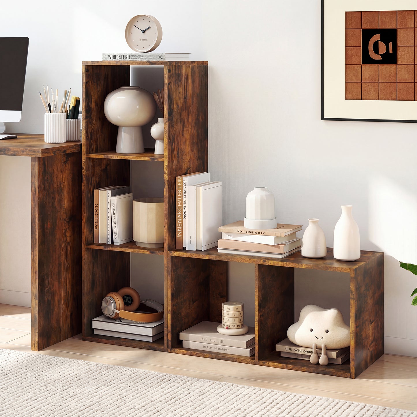 2 Cube Bookshelf with Back Guardrail for Living Room Bedroom, Rustic Brown Bookcases at Gallery Canada