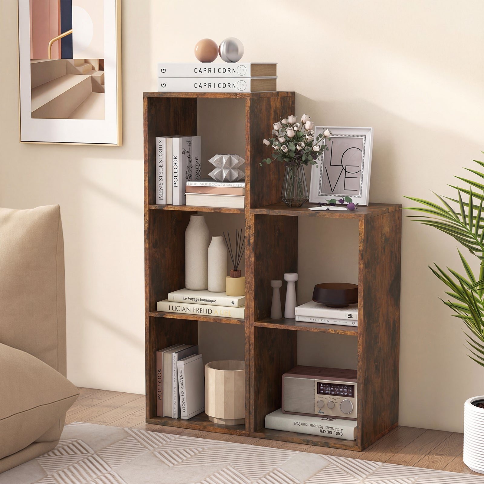 2 Cube Bookshelf with Back Guardrail for Living Room Bedroom, Rustic Brown Bookcases at Gallery Canada