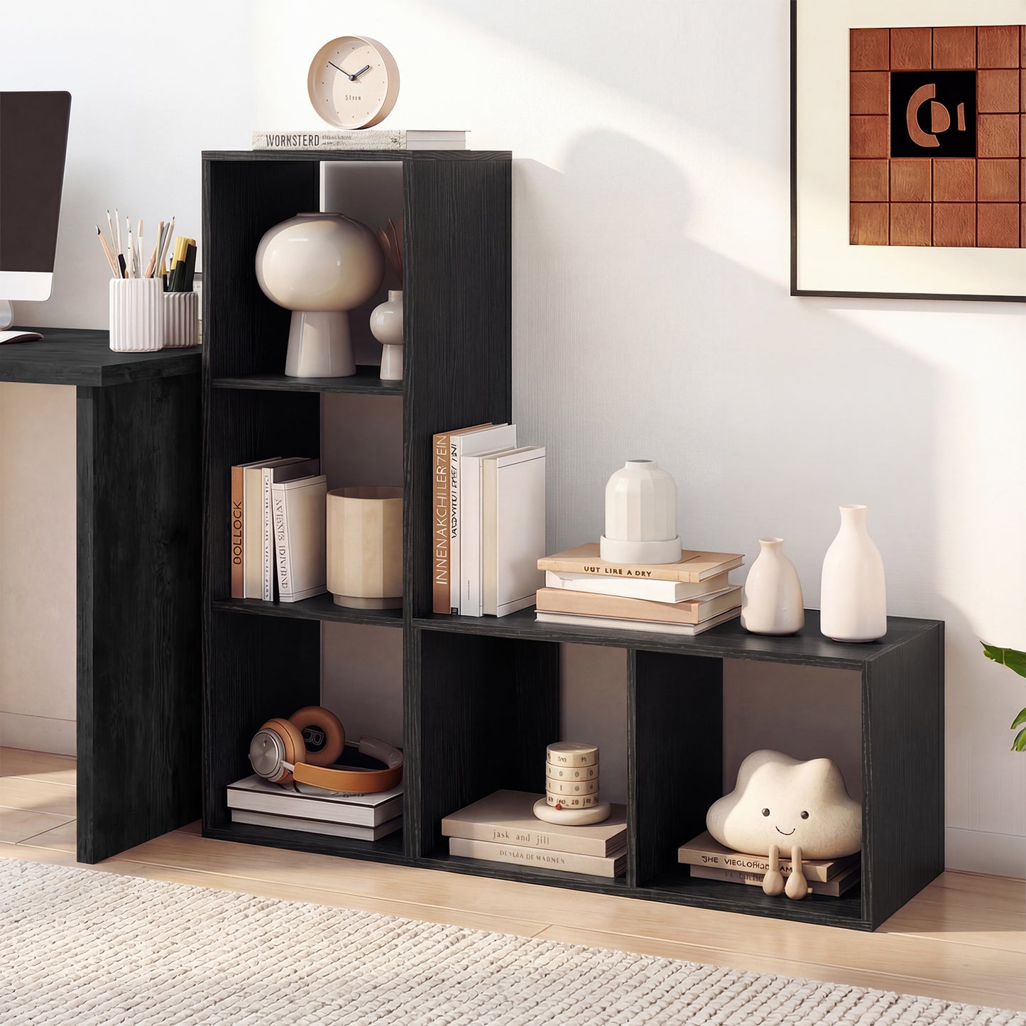 2 Cube Bookshelf With Back Guardrail, Black