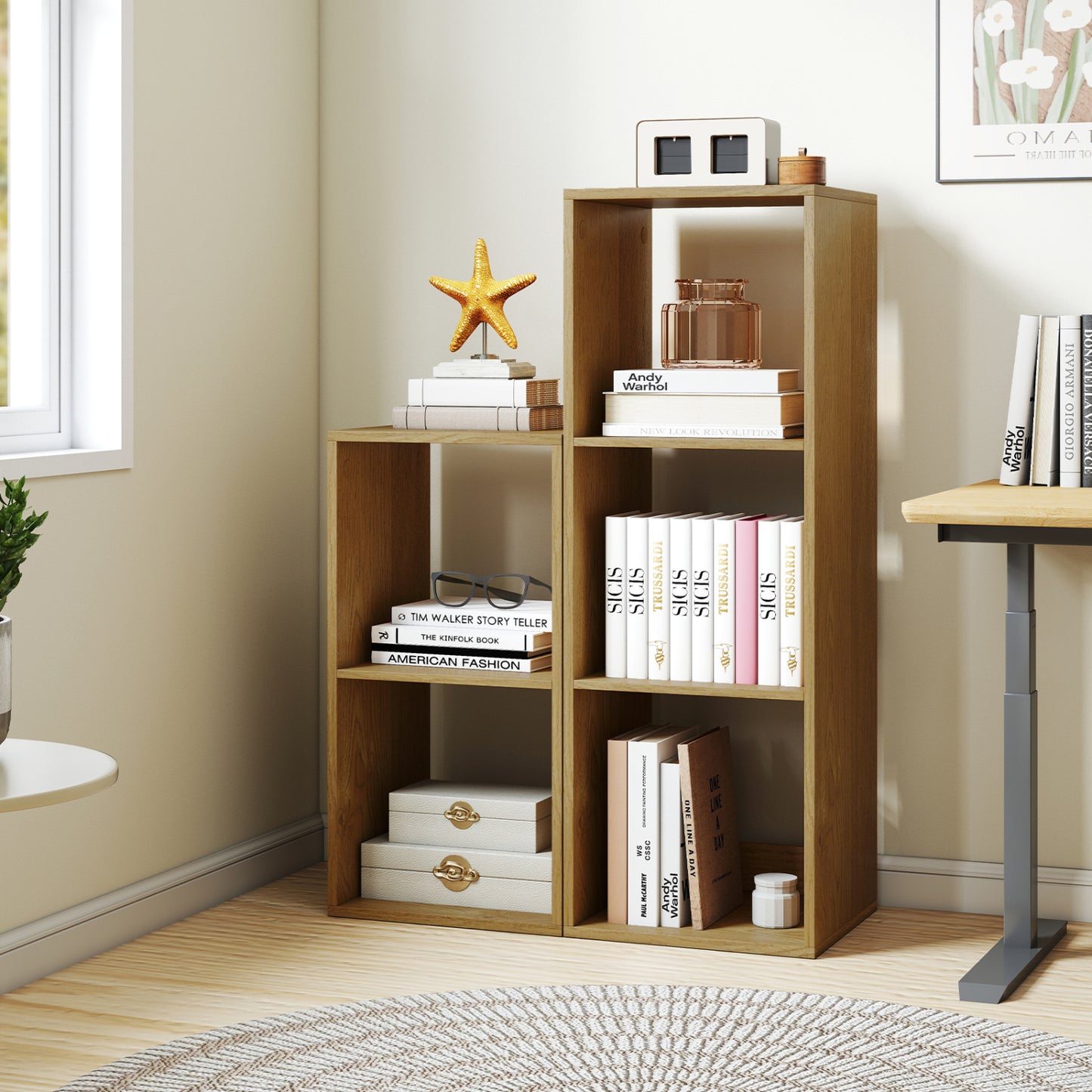 2 Cube Bookshelf with Back Guardrail for Living Room Bedroom, Natural Bookcases at Gallery Canada