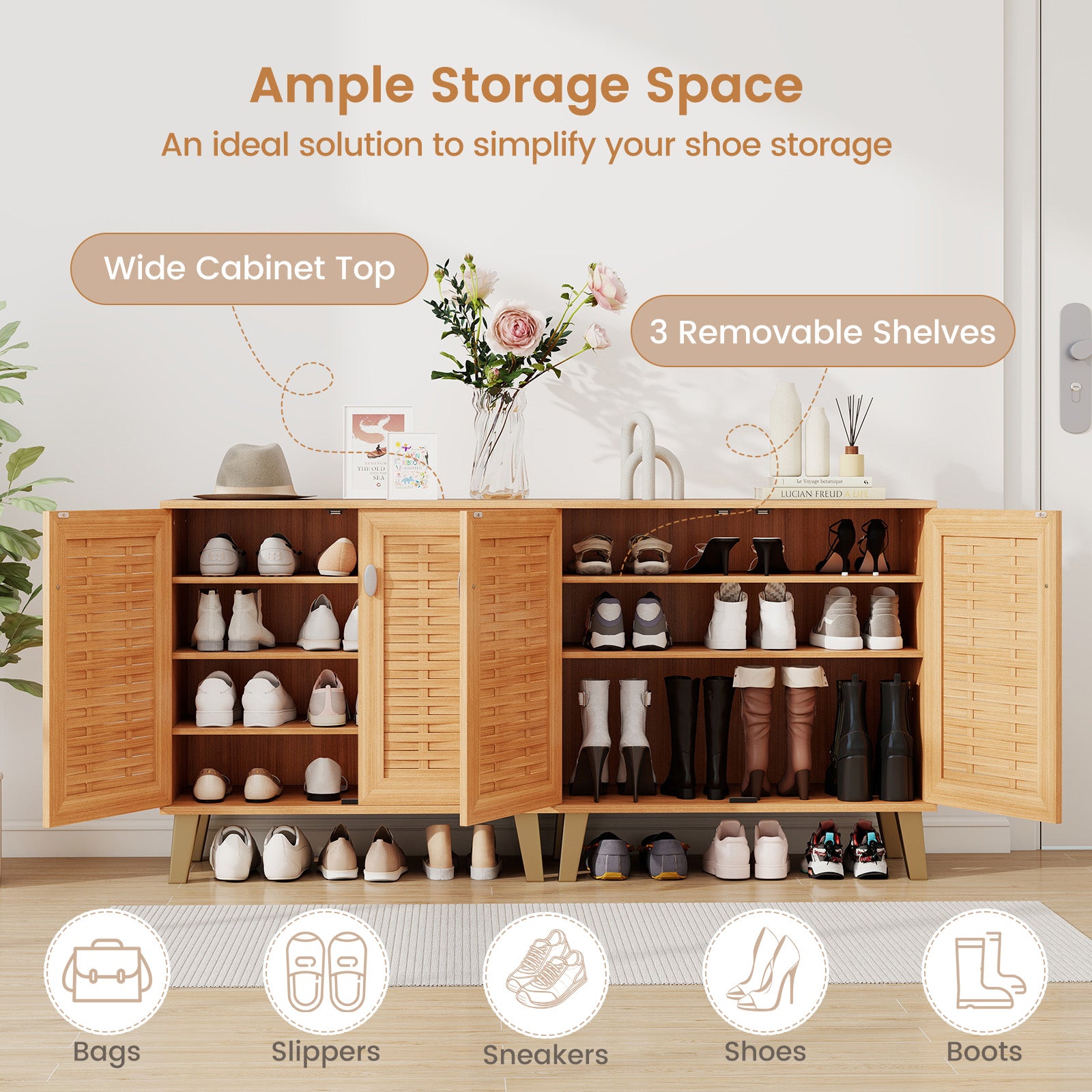 2-Door 4-Tier Shoe Cabinet, Ventilated Woven Doors, Teak Shoe Racks & Storage Benches at Gallery Canada