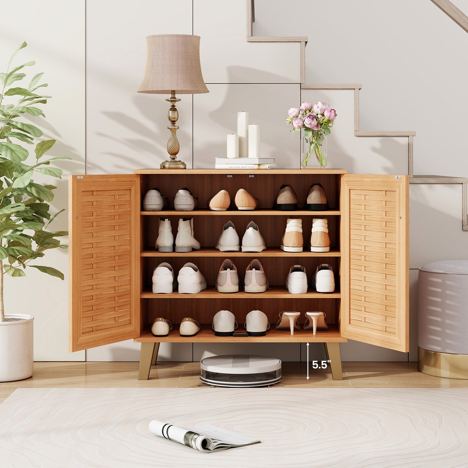 2-Door 4-Tier Shoe Cabinet, Ventilated Woven Doors, Teak Shoe Racks & Storage Benches at Gallery Canada