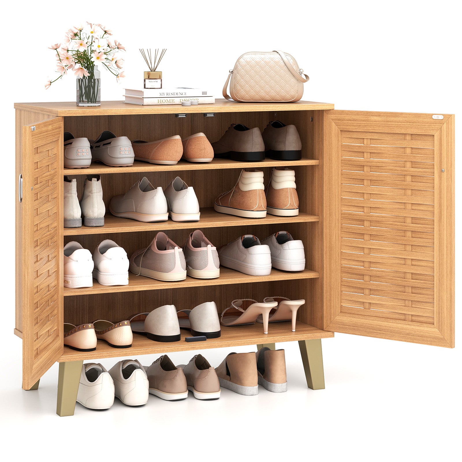 2-Door 4-Tier Shoe Cabinet, Ventilated Woven Doors, Teak Shoe Racks & Storage Benches at Gallery Canada