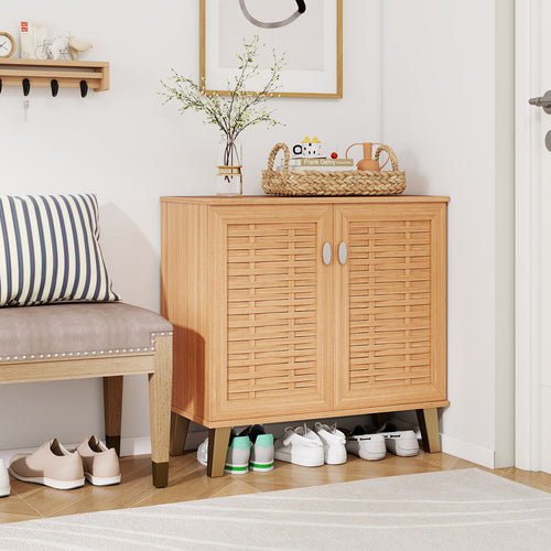 2-Door 4-Tier Shoe Cabinet, Ventilated Woven Doors, Teak
