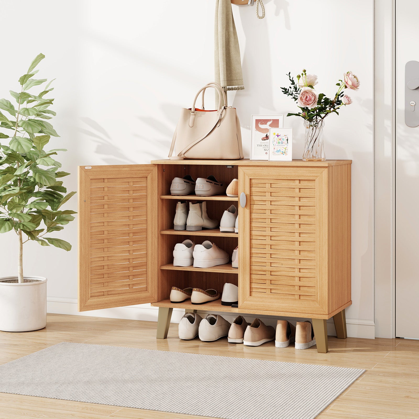 2-Door 4-Tier Shoe Cabinet, Ventilated Woven Doors, Teak Shoe Racks & Storage Benches at Gallery Canada