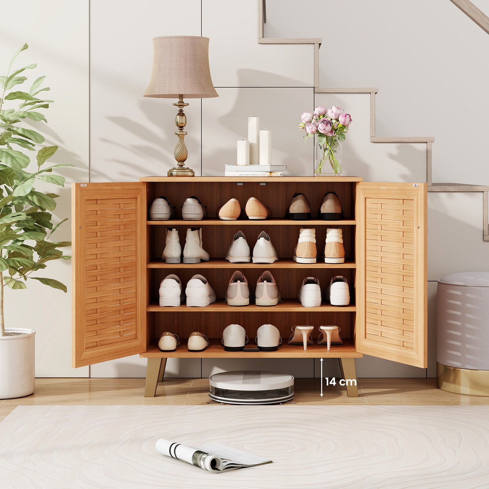2-Door 4-Tier Shoe Cabinet, Ventilated Woven Doors, Teak Shoe Racks & Storage Benches at Gallery Canada