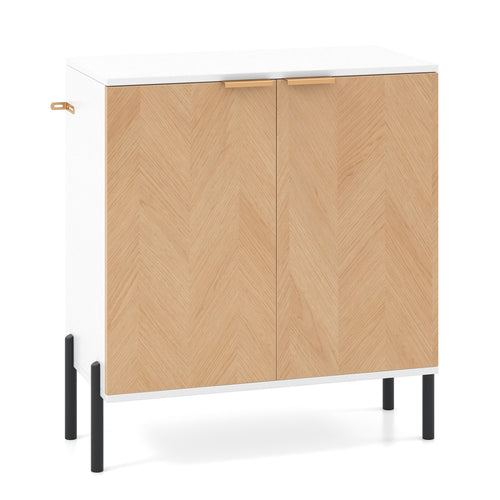 2-Door Buffet Cabinet With Shelf, Metal Legs, Natural Wood, White