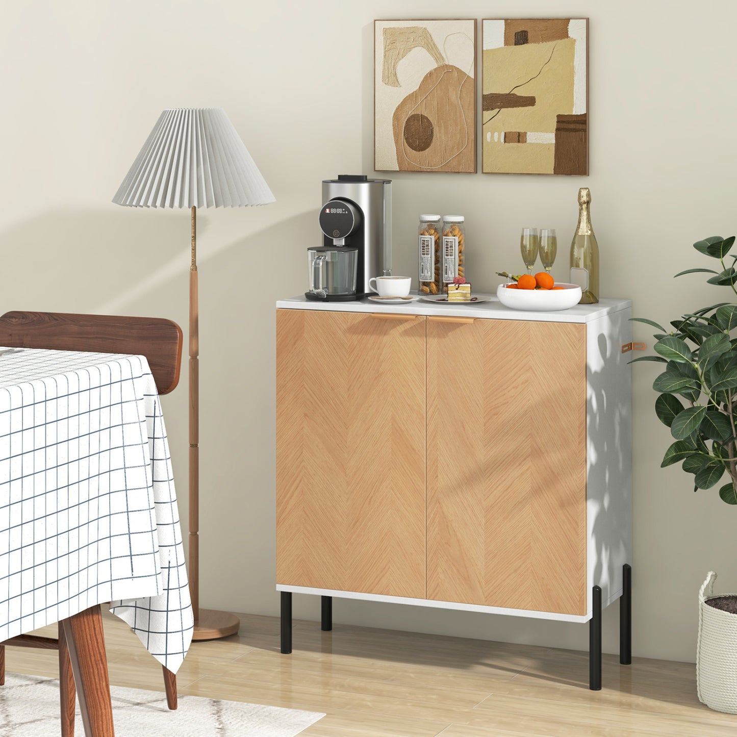 Buffet 2 portes avec étagère, pieds métalliques, bois naturel, blanc
