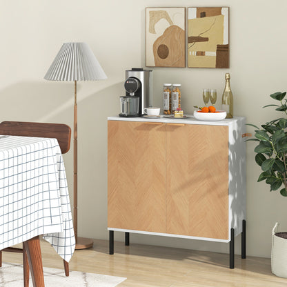 Buffet 2 portes avec étagère, pieds métalliques, bois naturel, blanc