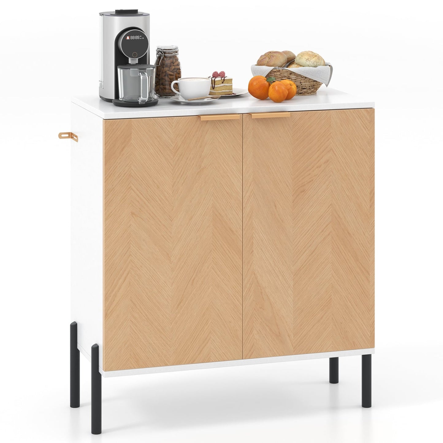 Buffet 2 portes avec étagère, pieds métalliques, bois naturel, blanc