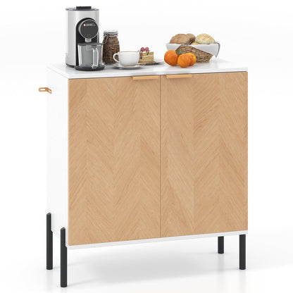 Buffet 2 portes avec étagère, pieds métalliques, bois naturel, blanc