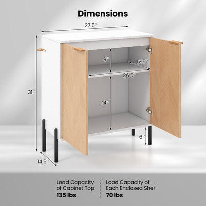 Buffet 2 portes avec étagère, pieds métalliques, bois naturel, blanc