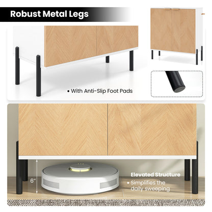 Buffet 2 portes avec étagère, pieds métalliques, bois naturel, blanc