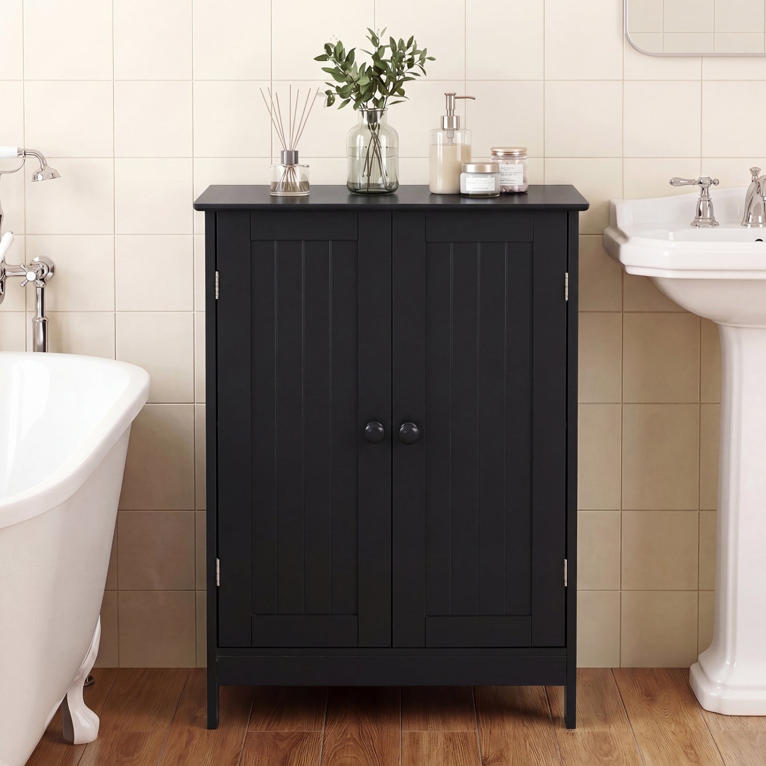 2-Door Freee-Standing Bathroom Cabinet with Shelf, Black Floor Cabinets at Gallery Canada