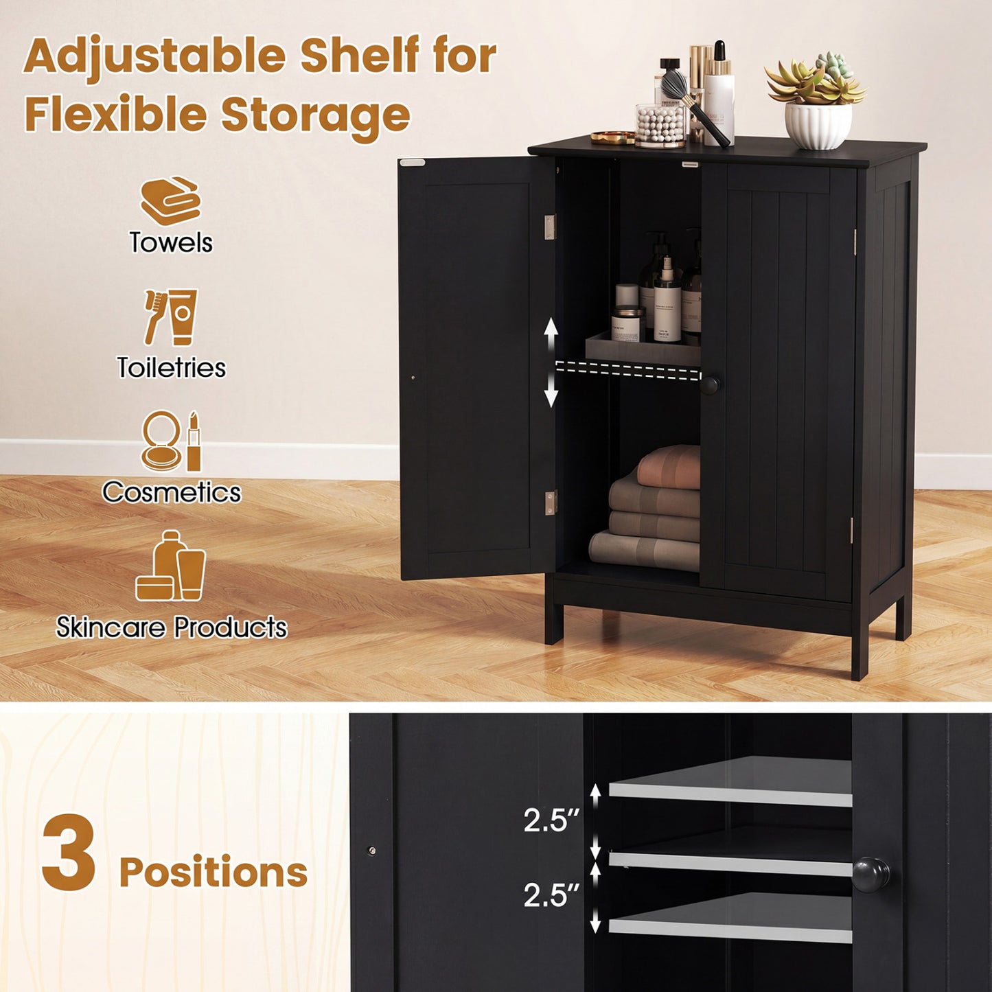 2-Door Freee-Standing Bathroom Cabinet with Shelf, Black Floor Cabinets at Gallery Canada