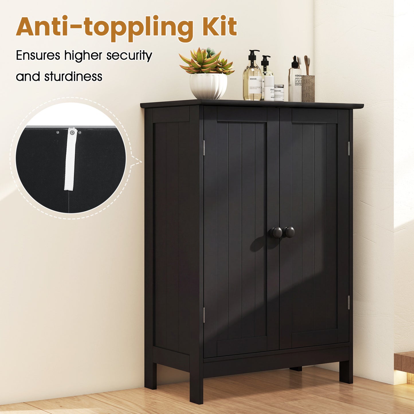 2-Door Freee-Standing Bathroom Cabinet with Shelf, Black Floor Cabinets at Gallery Canada