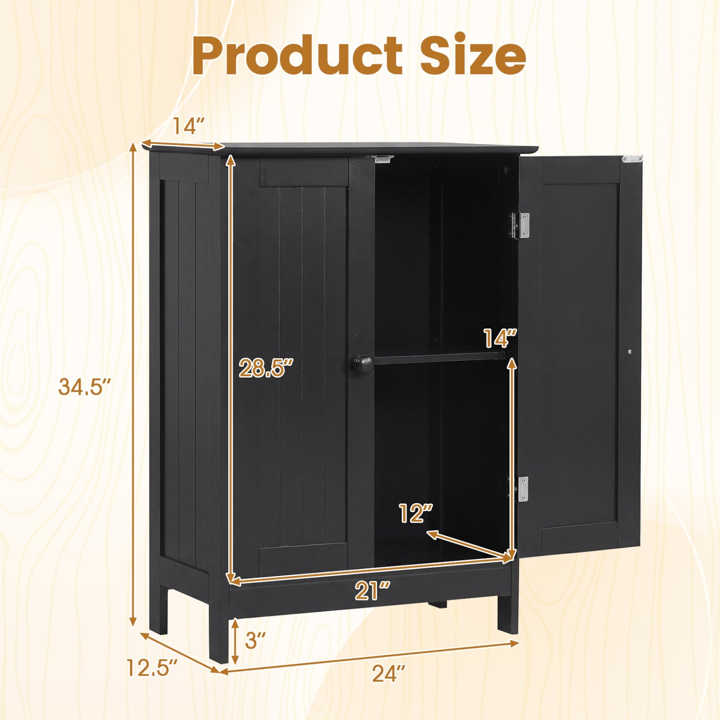 2-Door Freee-Standing Bathroom Cabinet with Shelf, Black Floor Cabinets at Gallery Canada