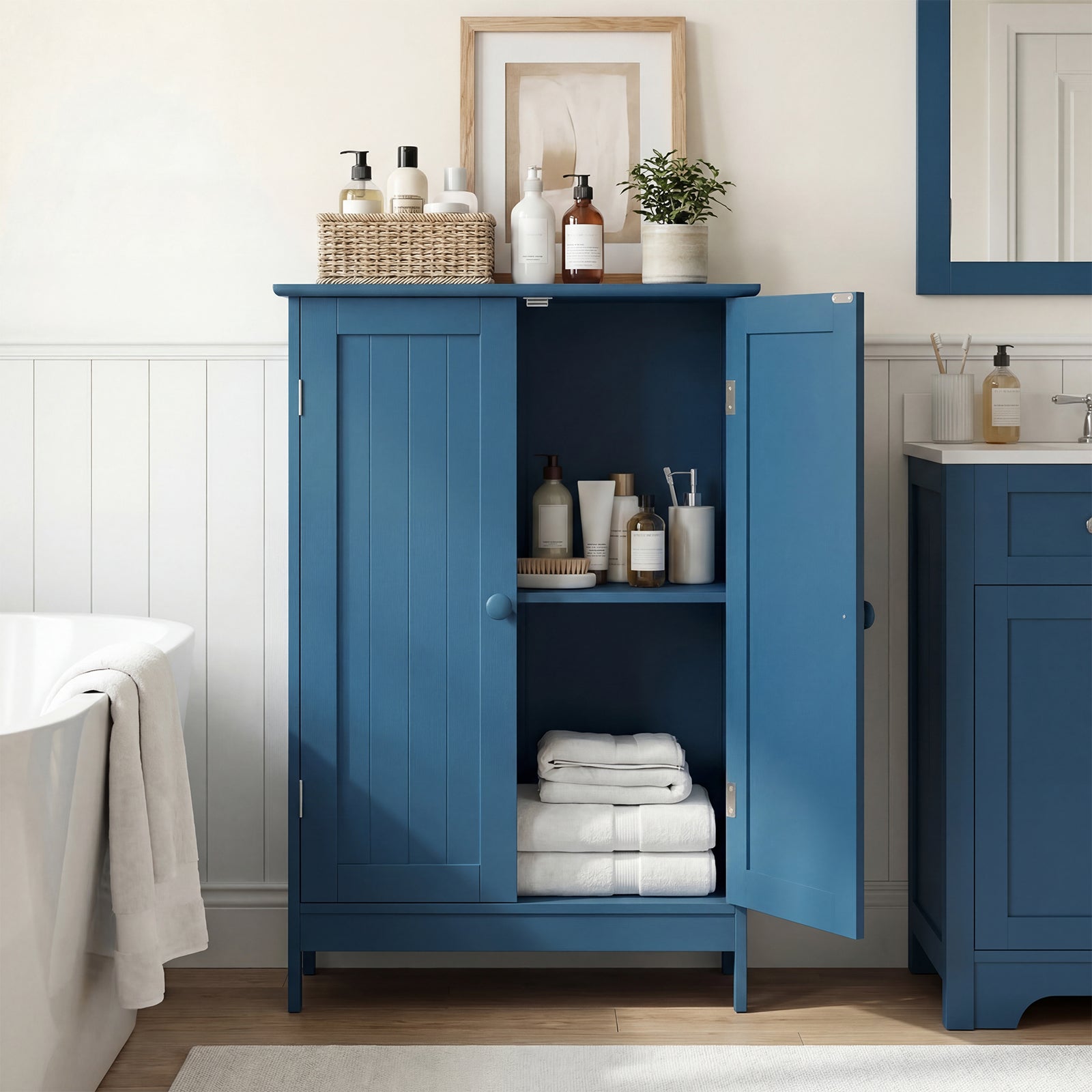 2-Door Freestanding Wooden Bathroom Cabinet, Adjustable Shelf, Blue Floor Cabinets at Gallery Canada