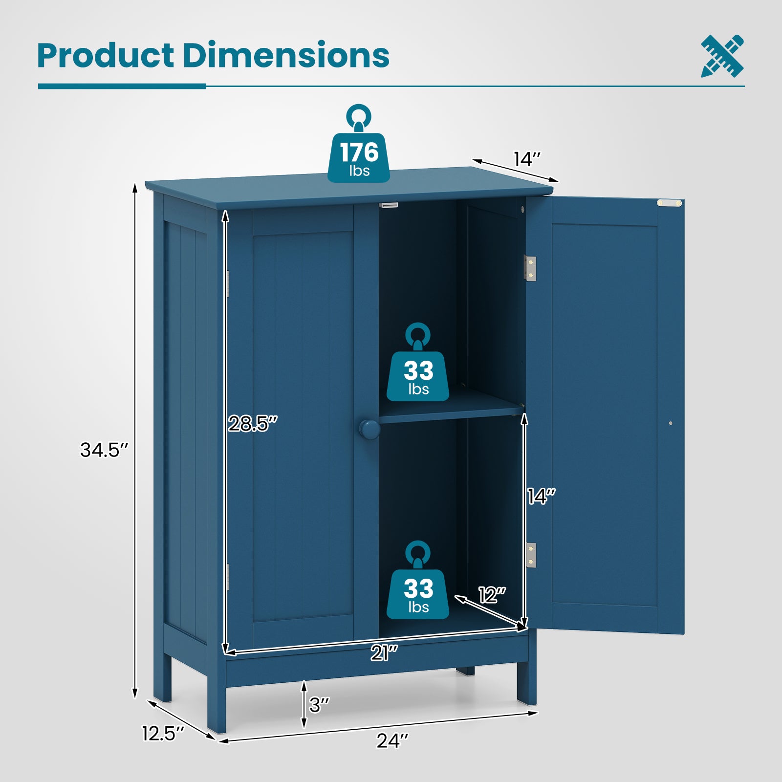 2-Door Freestanding Wooden Bathroom Cabinet, Adjustable Shelf, Blue Floor Cabinets at Gallery Canada