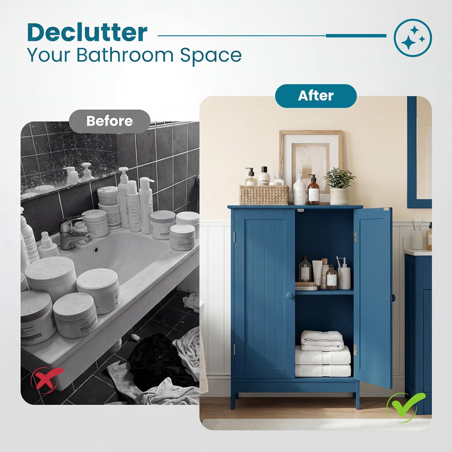 2-Door Freestanding Wooden Bathroom Cabinet, Adjustable Shelf, Blue Floor Cabinets at Gallery Canada