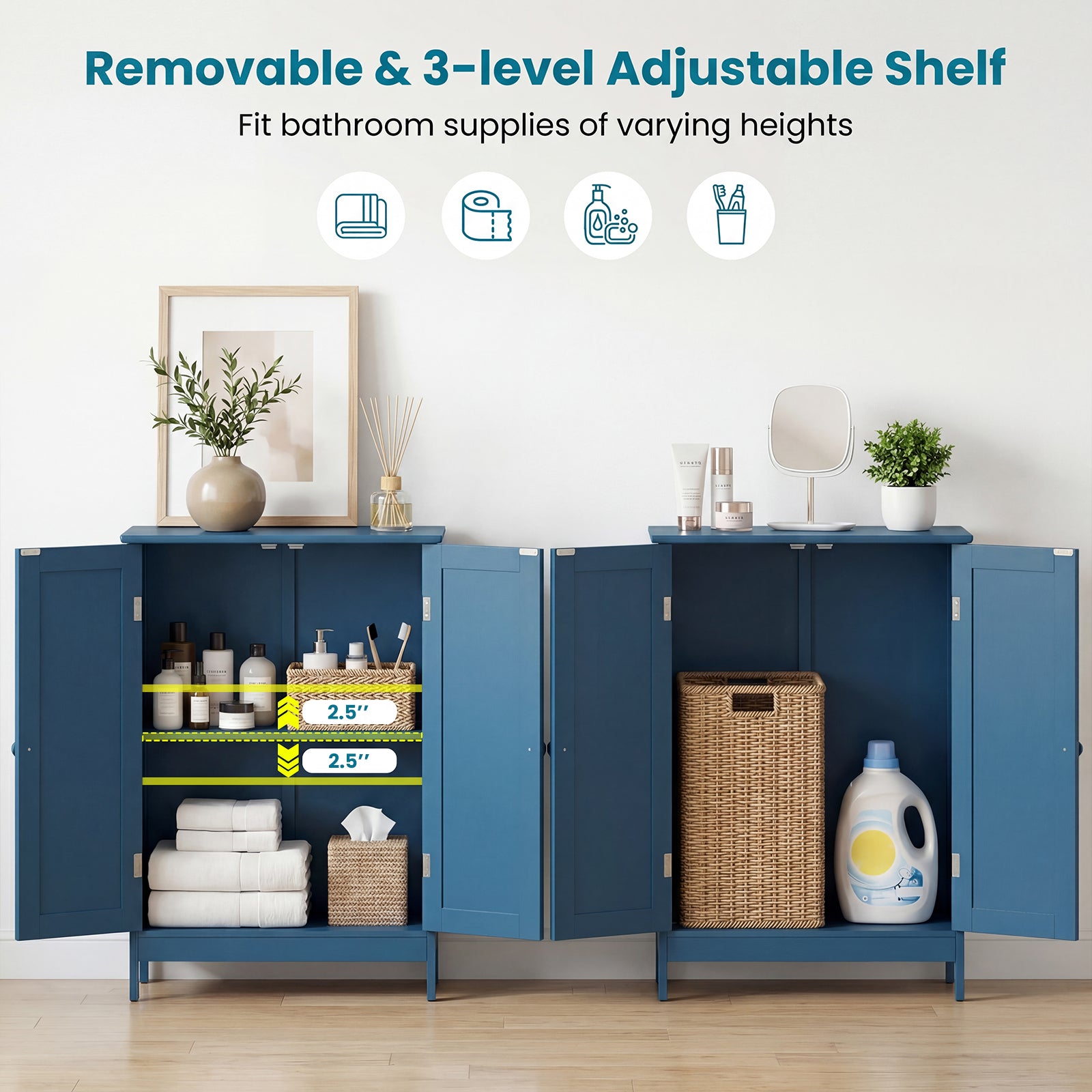 2-Door Freestanding Wooden Bathroom Cabinet, Adjustable Shelf, Blue Floor Cabinets at Gallery Canada