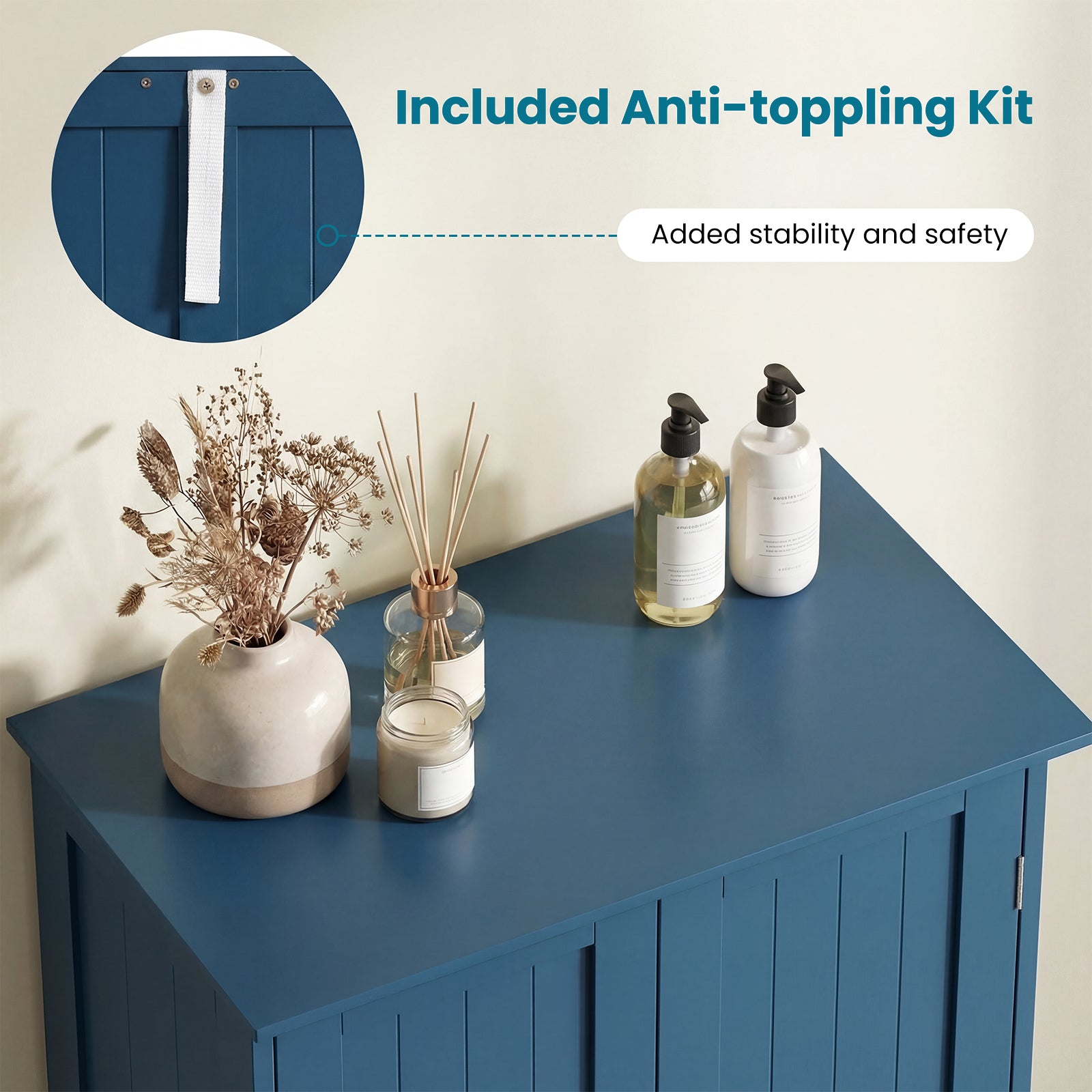 2-Door Freestanding Wooden Bathroom Cabinet, Adjustable Shelf, Blue Floor Cabinets at Gallery Canada