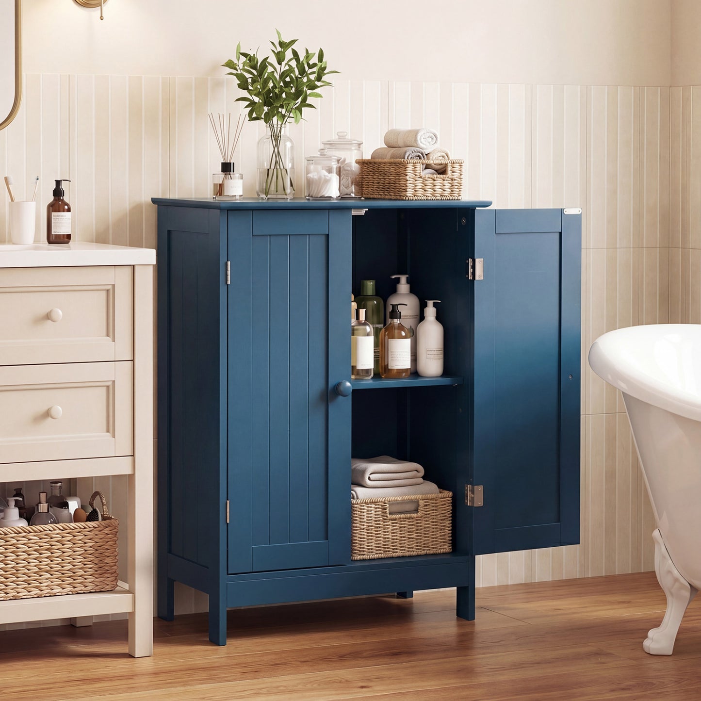 2-Door Freestanding Wooden Bathroom Cabinet, Adjustable Shelf, Blue Floor Cabinets at Gallery Canada