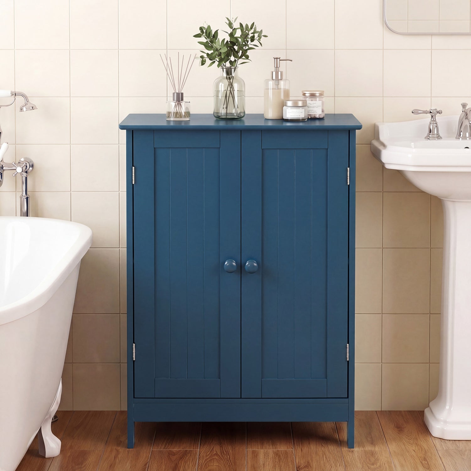 2-Door Freestanding Wooden Bathroom Cabinet, Adjustable Shelf, Blue Floor Cabinets at Gallery Canada