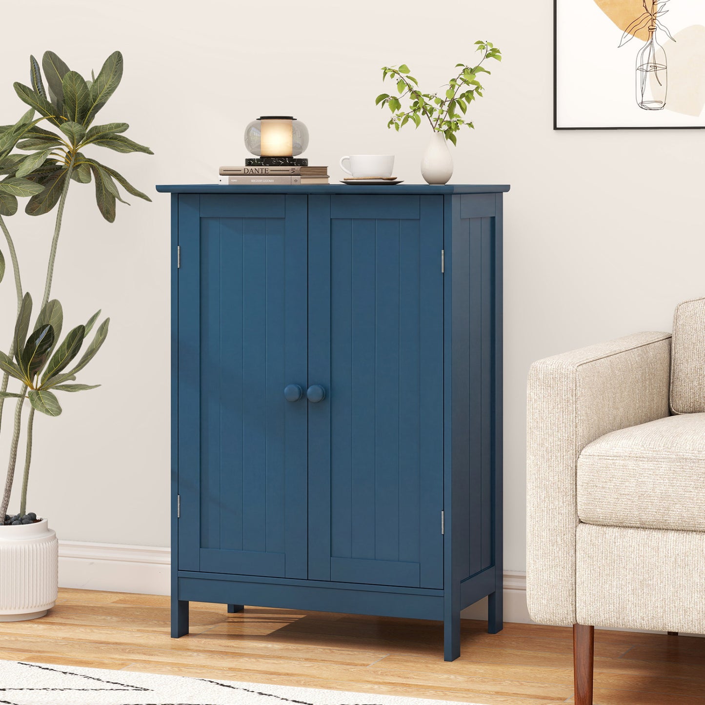 2-Door Freestanding Wooden Bathroom Cabinet, Adjustable Shelf, Blue Floor Cabinets at Gallery Canada