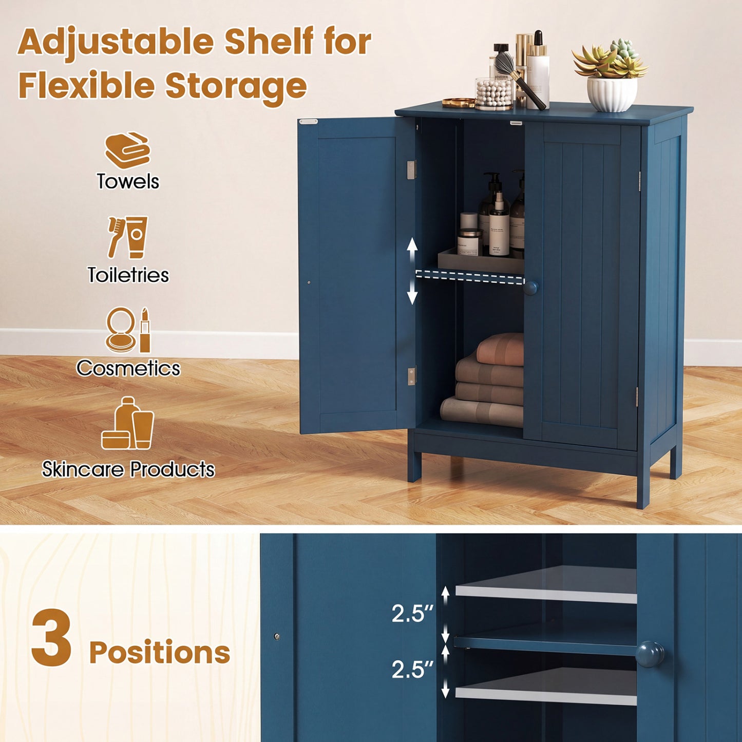 2-Door Freestanding Wooden Bathroom Cabinet, Adjustable Shelf, Blue Floor Cabinets at Gallery Canada