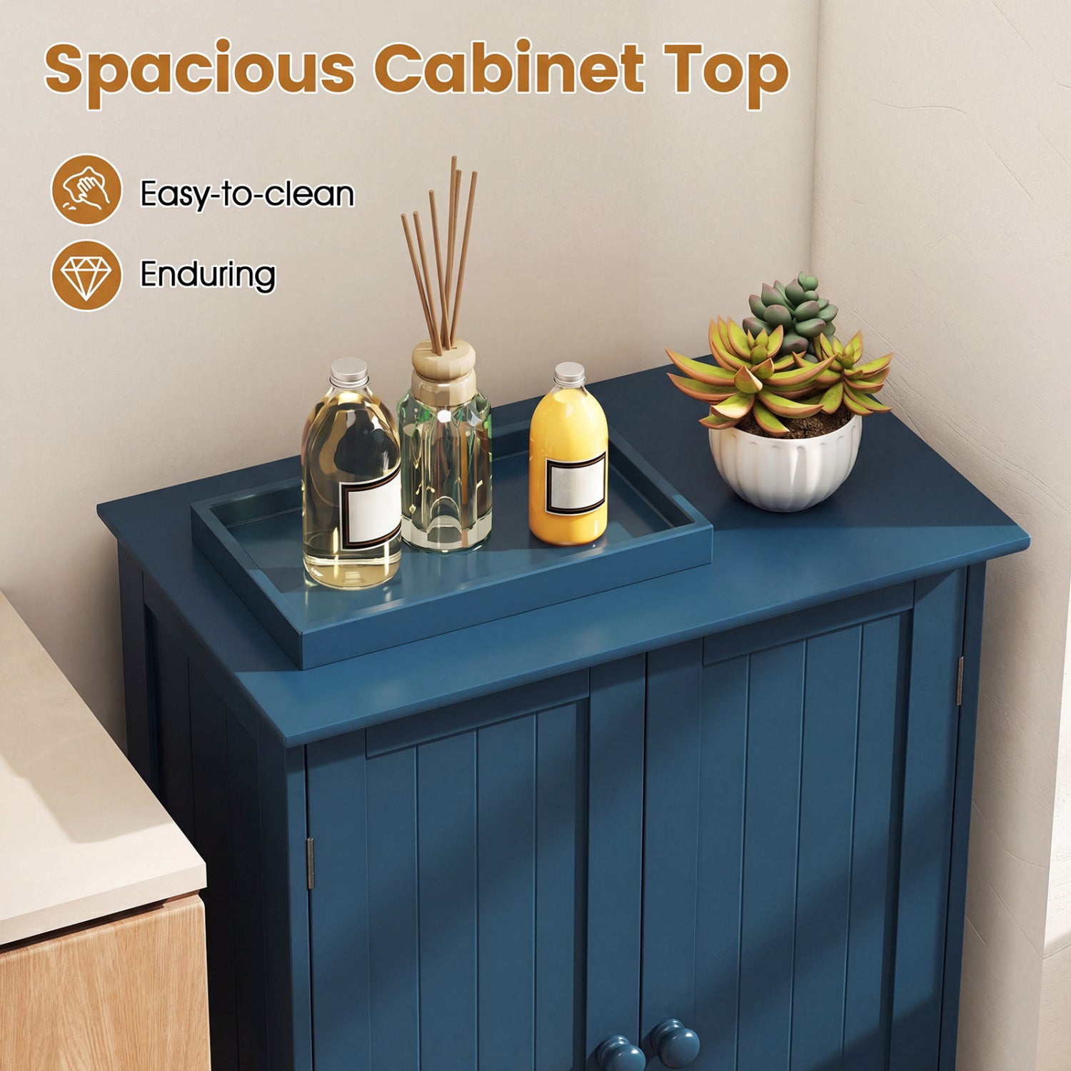 2-Door Freestanding Wooden Bathroom Cabinet, Adjustable Shelf, Blue Floor Cabinets at Gallery Canada