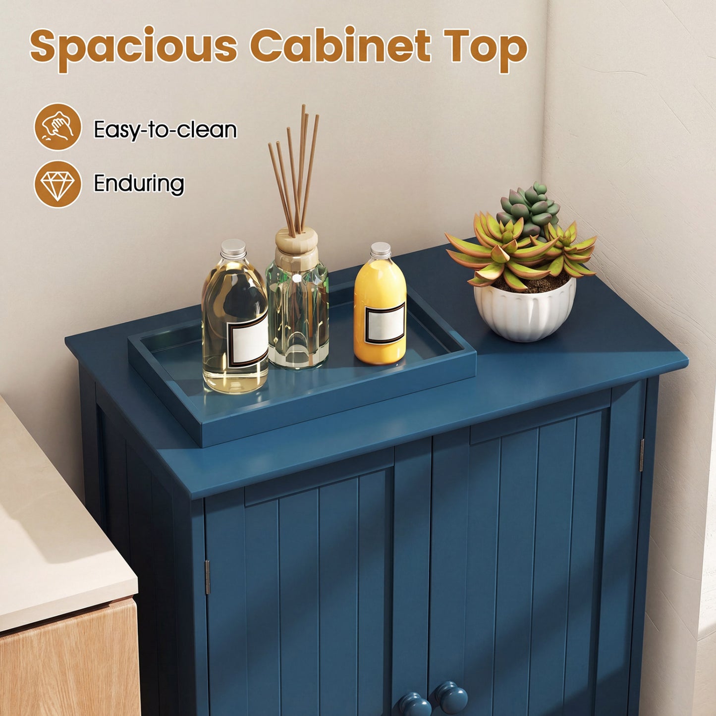 2-Door Freestanding Wooden Bathroom Cabinet, Adjustable Shelf, Blue Floor Cabinets at Gallery Canada