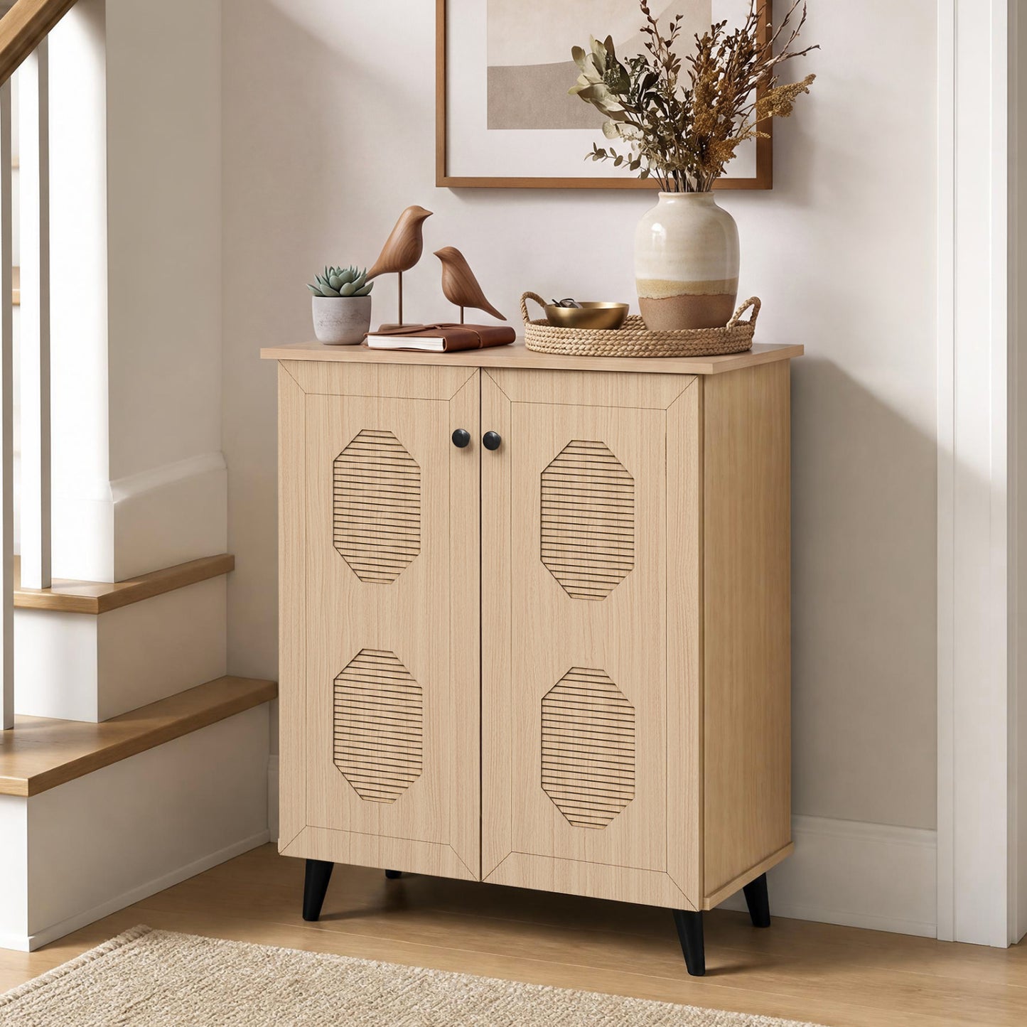 2-Door Storage Cabinet, Geometric Footwear Organizer, Natural