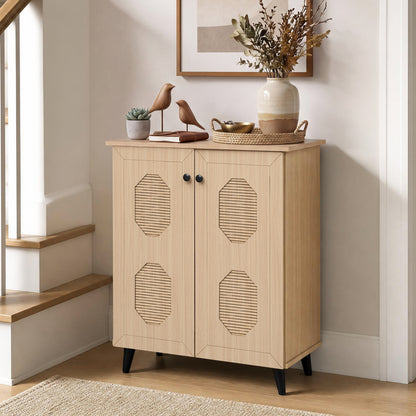 2-Door Storage Cabinet, Geometric Footwear Organizer, Natural