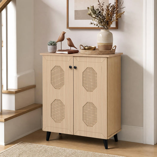 2‑Door Geometric‑Style Storage Cabinet Freestanding Footwear Organizer with Stylish Carved Panels, Natural Shoe Racks & Storage Benches Natural at Gallery Canada