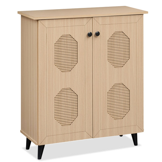 2‑Door Geometric‑Style Storage Cabinet Freestanding Footwear Organizer with Stylish Carved Panels, Natural Shoe Racks & Storage Benches Natural at Gallery Canada