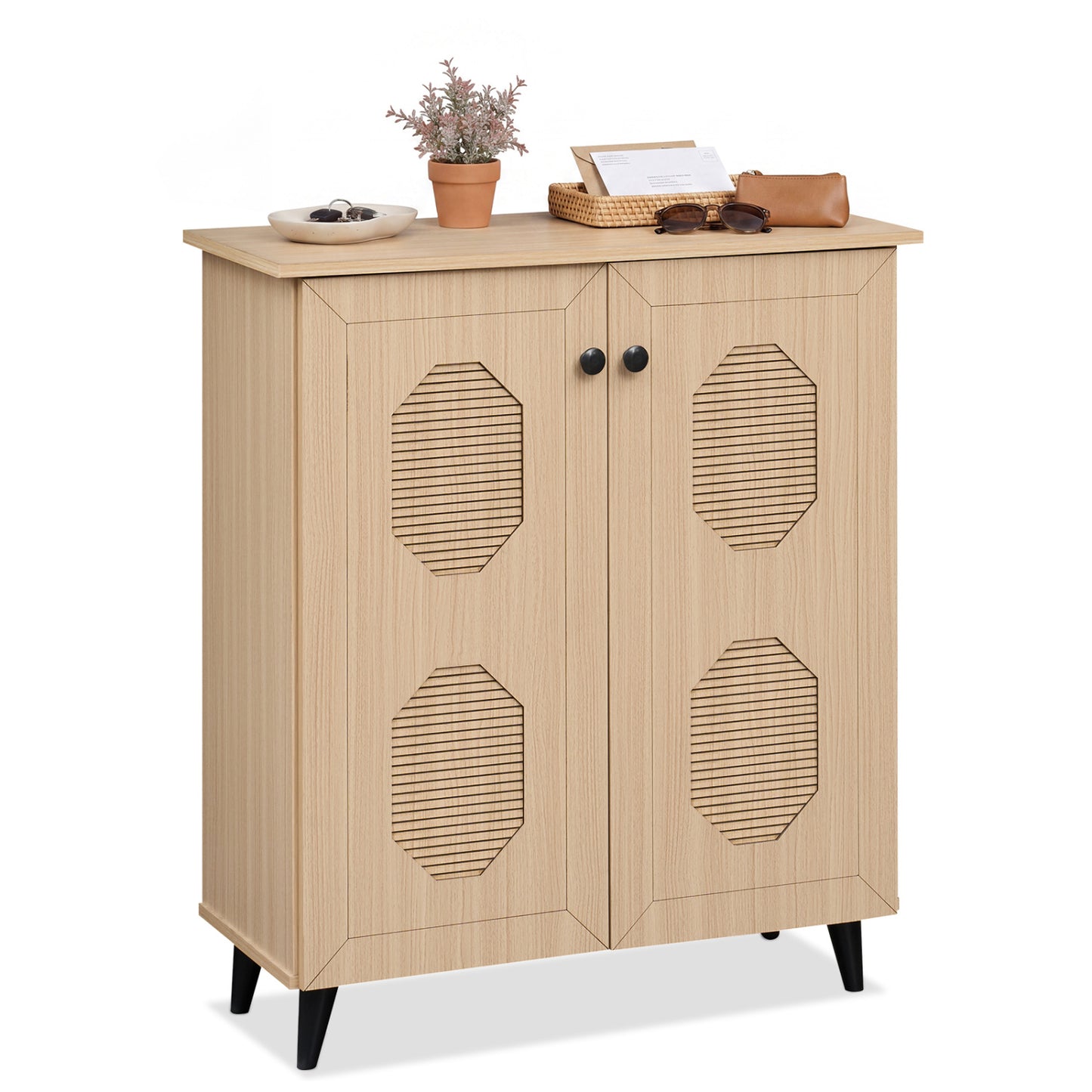 2-Door Storage Cabinet, Geometric Footwear Organizer, Natural