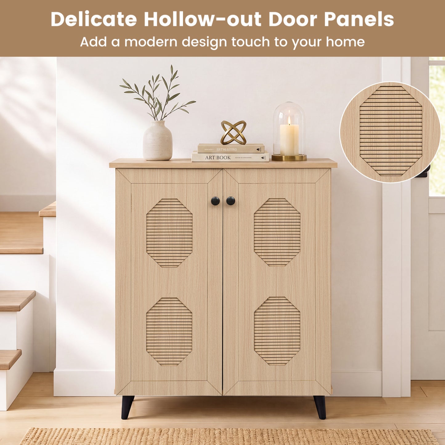 2-Door Storage Cabinet, Geometric Footwear Organizer, Natural