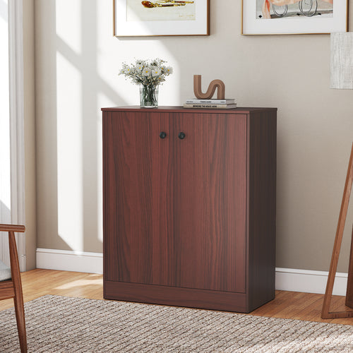2-Door Modern Floor Storage Cabinet, 3-Tier Shelf, Brown