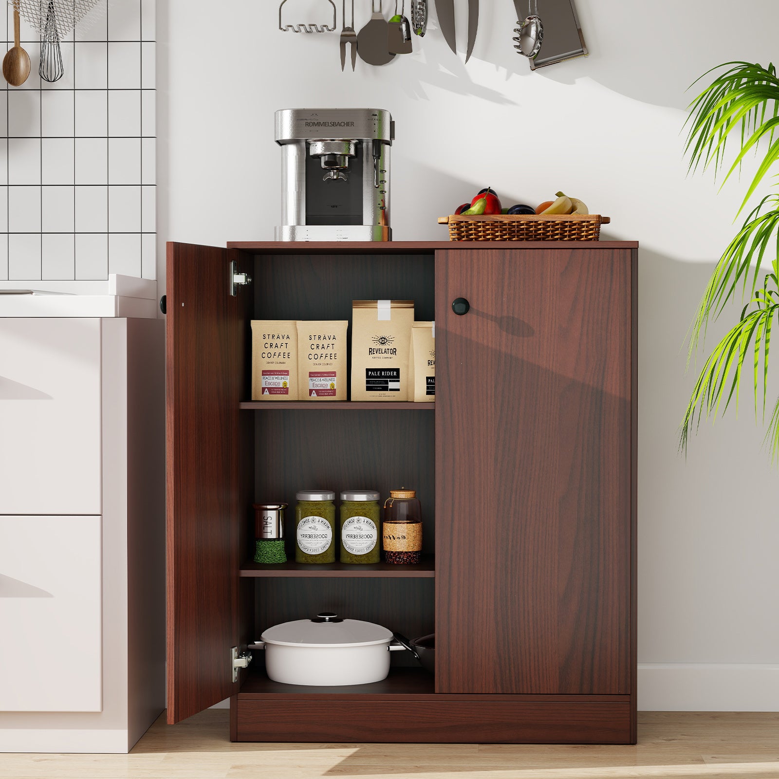 2-Door Modern Floor Storage Cabinet, 3-Tier Shelf, Brown Cabinets & Chests at Gallery Canada