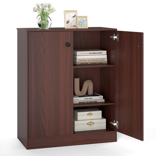 2-Door Modern Floor Storage Cabinet, 3-Tier Shelf, Brown