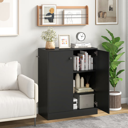 2-Door Modern Floor Cabinet, 3-Tier Shelf, Black
