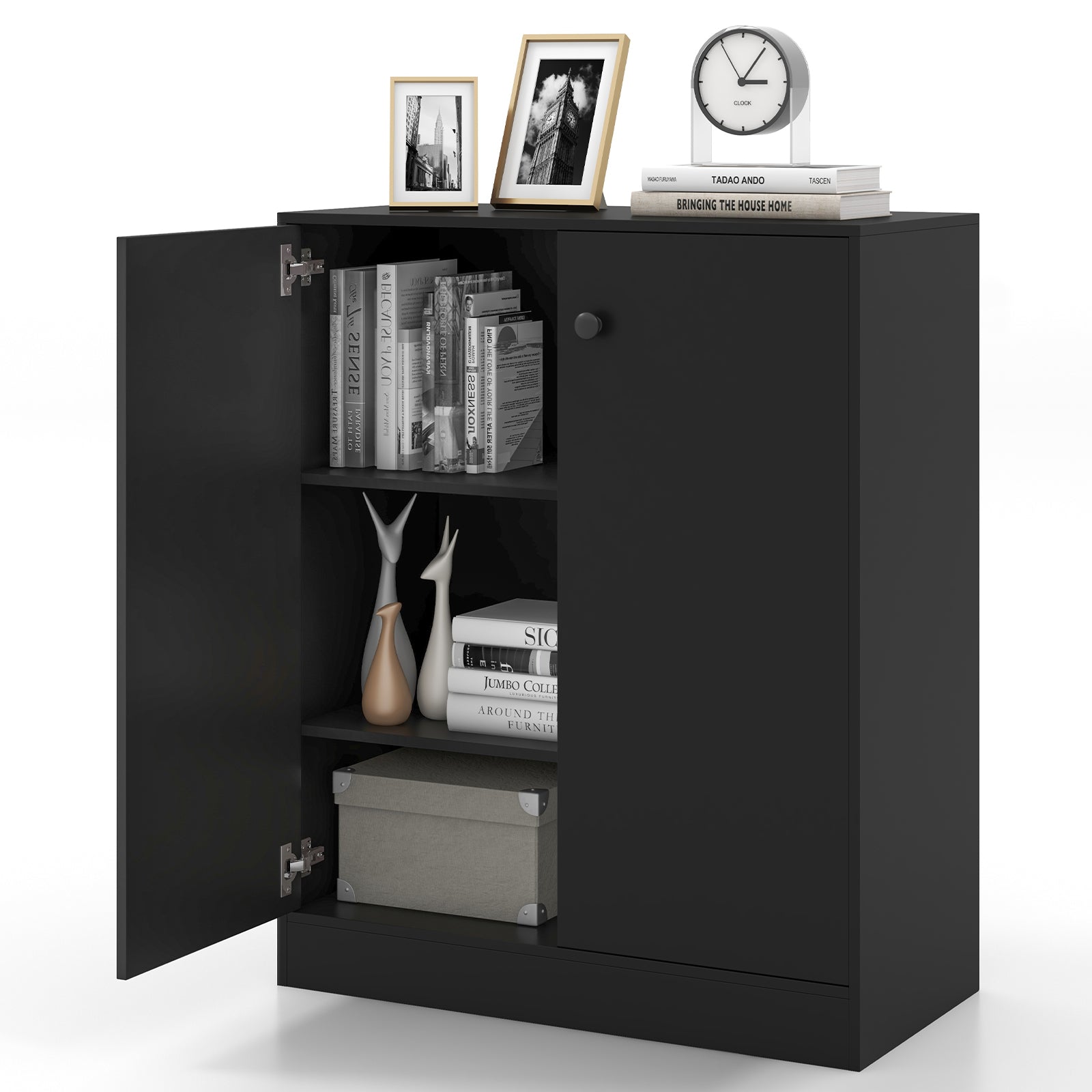 2-Door Modern Floor Cabinet, 3-Tier Shelf, Black Cabinets & Chests at Gallery Canada