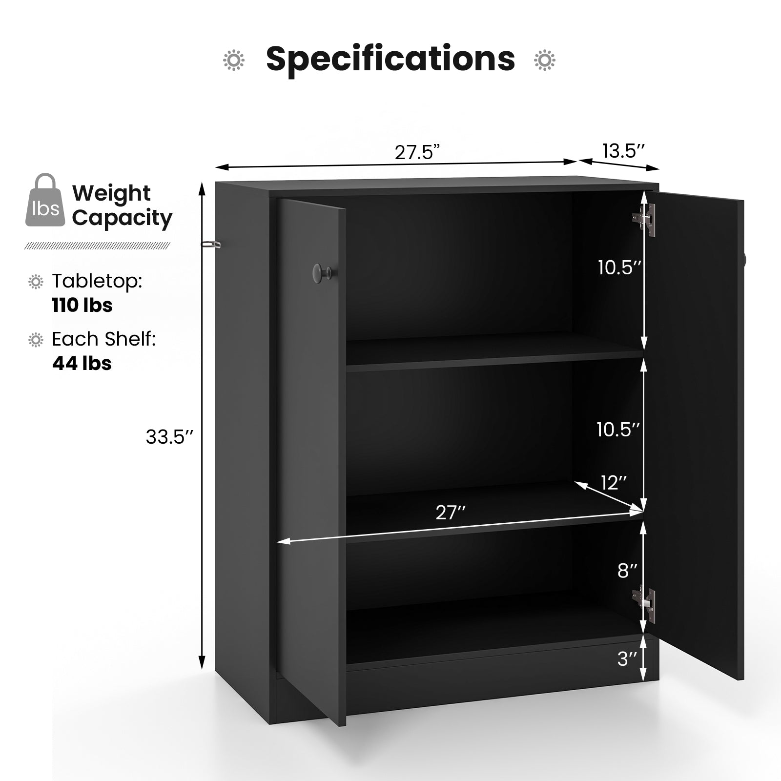 2-Door Modern Floor Cabinet, 3-Tier Shelf, Black Cabinets & Chests at Gallery Canada